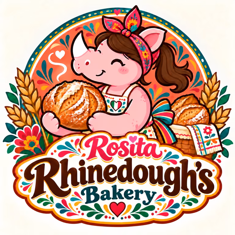 Rosita Rhinedough's Bakery pink rhino mascot holding artisan sourdough bread